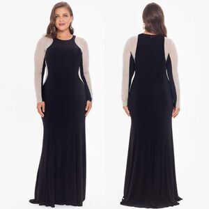 Xscape Evenings "Georgia" Long Sleeve Caviar Beaded Sleeve Jersey Knit Dress 16W